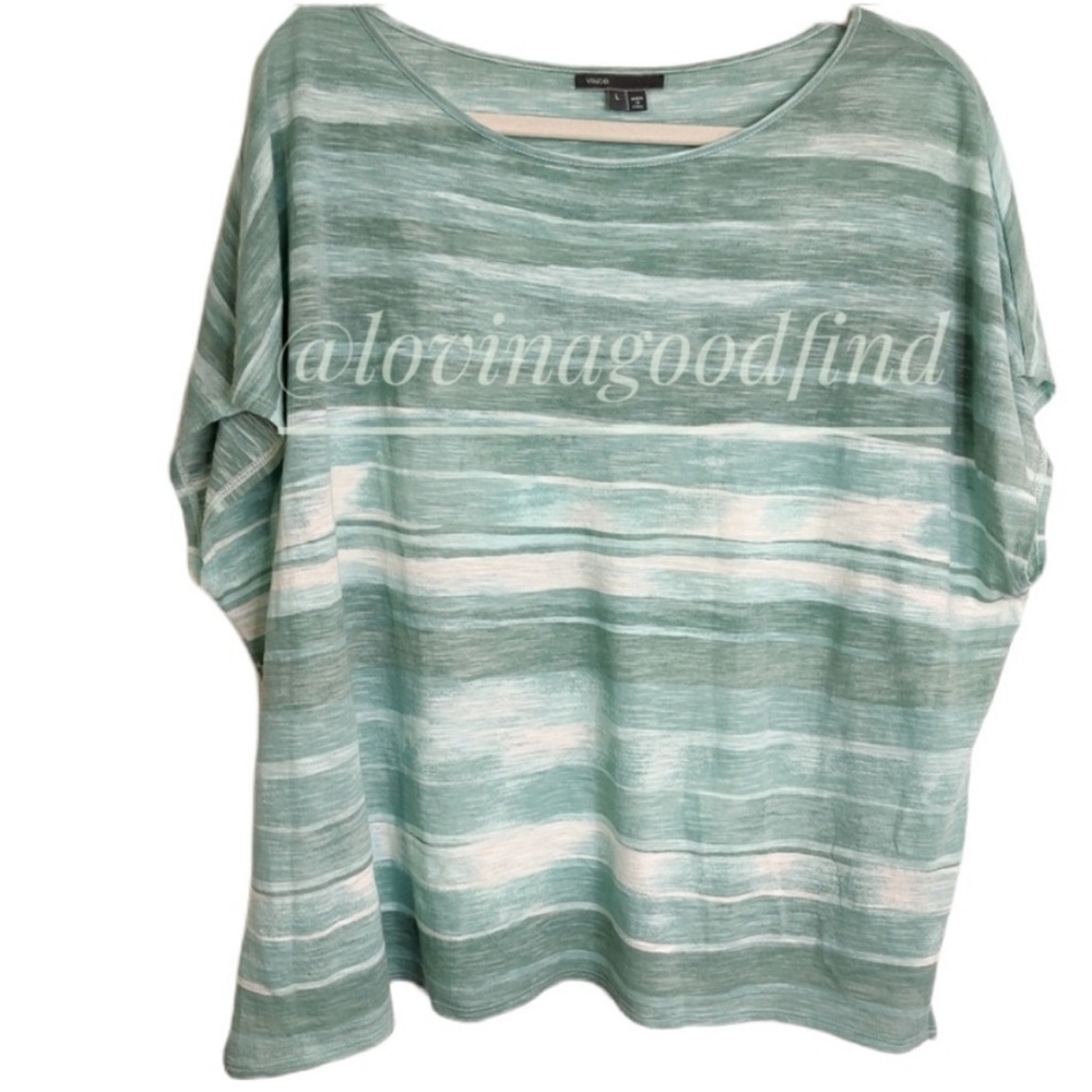 VINCE Green White Short Sleeve Oversized Tie Dye Stripe Blouse EUC sz L - Picture 7 of 7
